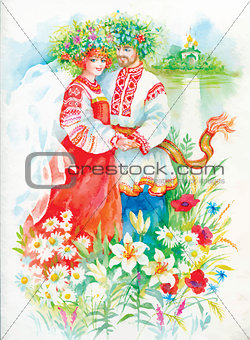 Woman and men in national costumes and wreaths on the river bank. Watercolor illustration