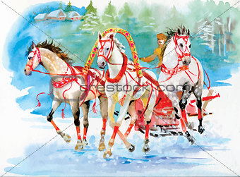 Horse carriage outdoors. Horses folk painting