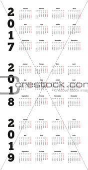 Set of simple calendars in french on 2017, 2018, 2019 years