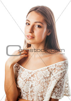 young beauty woman smiling dreaming isolated on white close up emotional adorable girl