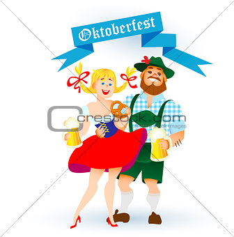 bavarian man and woman with a big glass of beer