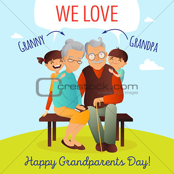 Grandparents Day vector concept. Illustration with happy family. Grandfather, grandmother and grandchildren.