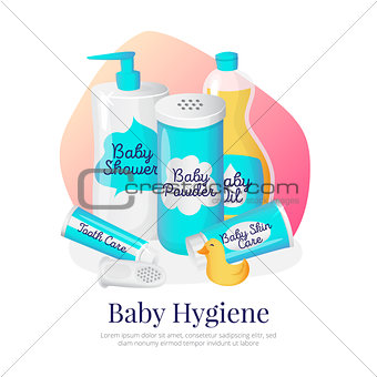 Vector baby hygiene illustration. Newborn accessories in cartoon style