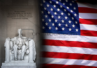 Lincoln Memorial in Washington and American flag