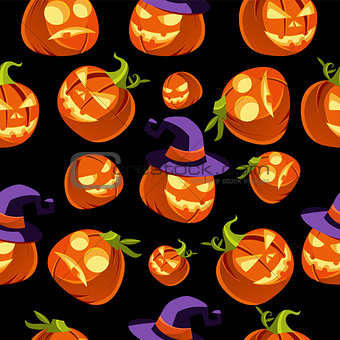 Pattern of Halloween Pumpkins in Witches Hat Vector Illustration