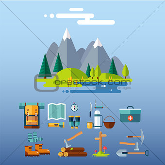 Camping Equipment Icons. Flat Design.