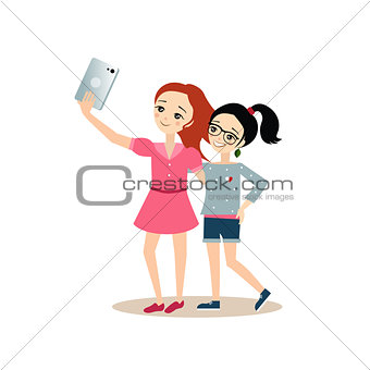 Girls Taking Selfie with Tablet. Vector Illustration in Flat Style