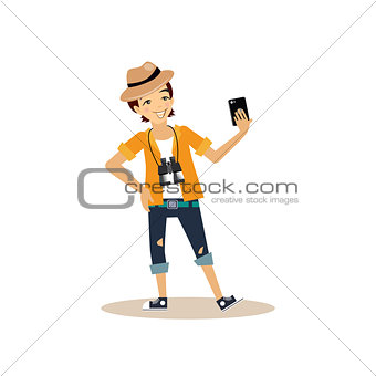 Guy in Hat Taking Selfie. Vector Illustration