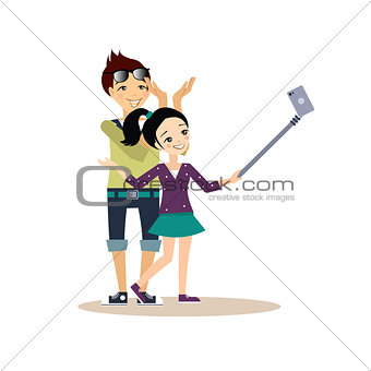 Young Couple Taking a Selfie. Vector Illustration in Flat Style