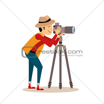Photographer with Tripod in Flat Style. Vector Illustration