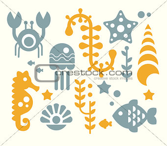 Sea Inhabitants and Plants Vector Illustration Set in Flat Style