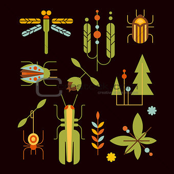 Nature, Insects, Leaves and Tree Icons Vector Illustration