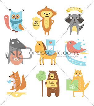 Cute Animals, Birds with Ribbons and Boards for Text