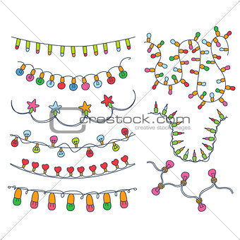 Colorful Garlands and Bulbs Vector Illustration Set