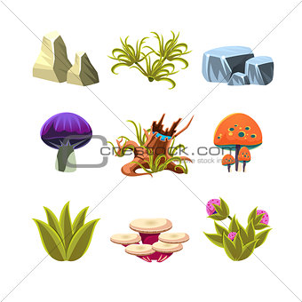 Cartoon Mushrooms, Stones, and Bushes Set Vector Illustration