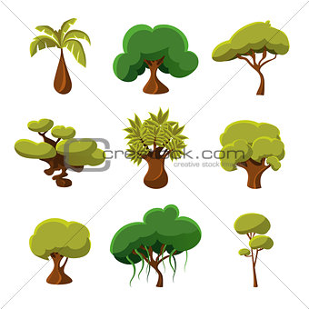 Cartoon Trees, Leaves and Bushes Set Vector Illustration
