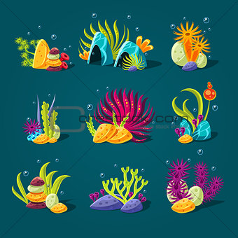 Set of cartoon algae, elements for aquarium decoration