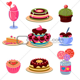 Bright Dessert Icons Set Vector Illustration