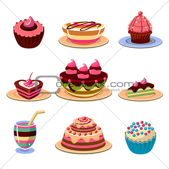 Bright Cakes and Dessert Icons Set Vector Illustration