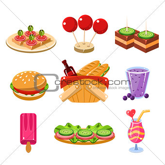 French Picnic Food Icons Set