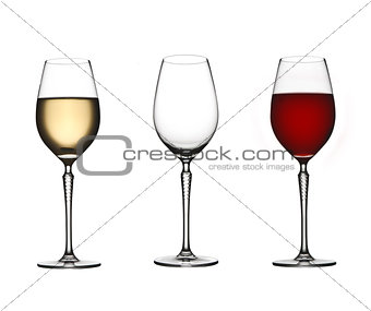 Three wine  glasses on white isolated background