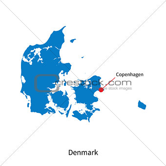 Detailed vector map of Denmark and capital city Copenhagen