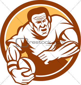 Rugby Player Running Ball Circle Linocut