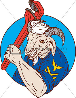 Navy Goat Holding Pipe Wrench Circle Retro