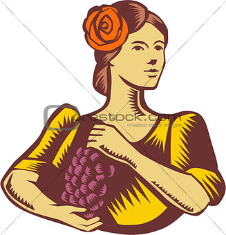 Senorita Holding Grapes Woodcut
