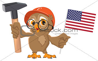 Labor Day USA. Owl holding hammer and American flag