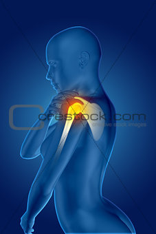 3D female medical figure holding shoulder in pain