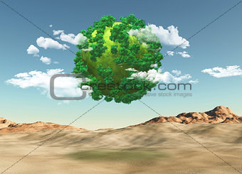3D grassy globe with trees over a barren landscape
