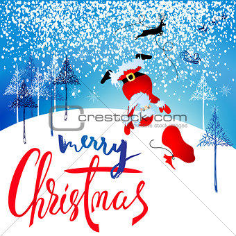 Santa Claus fall from sleigh with harness on the reindeer. Vector illustration. Chtistmas lettering. EPS10