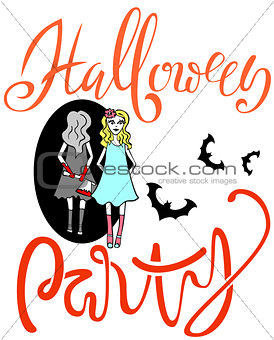 Pretty girl with an ax reflected in a mirror. Halloween party. Beautiful girl with her hands in the blood. Vector lettering.