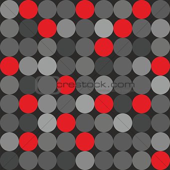 Tile vector pattern with big red, grey and black polka dots on grey background
