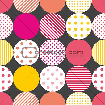 Tile patchwork vector pattern with pastel polka dots on black background