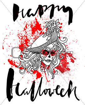 Handdrawn lettering on watercolor blood drops background. Vector skull girl with sewn lips. Day of The Dead. Happy halloween. EPS10