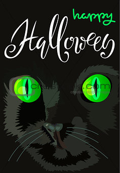 Halloween black cat with green eyes. Halloween handwritten lettering. Vector illustration. EPS10