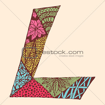 Vintage monogram L. Doodle colorful alphabet character with patterns
