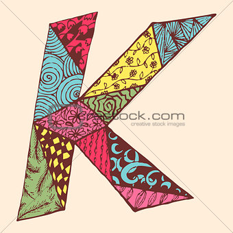 Vintage monogram K. Doodle colorful alphabet character with patterns