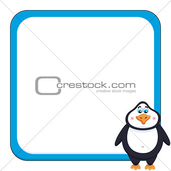 School background with cheerful cute penguin, funny frame