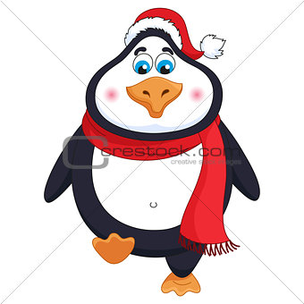 New Year's cheerful cute penguin in winter red hat and scarf walks