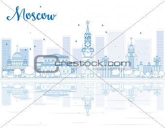 Outline Moscow skyline with blue landmarks.