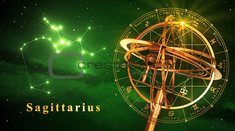 Armillary Sphere And Constellation Sagittarius Over Green Background