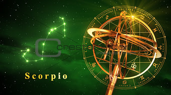Armillary Sphere And Constellation Scorpio Over Green Background