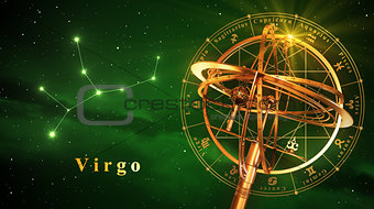 Armillary Sphere And Constellation Virgo Over Green Background