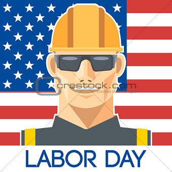 Labor Day design, with a worker with safety helmet and glasses over the flag of united states of america