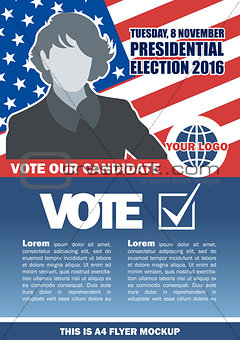 Usa 2016 election a4 flyer mockup with country map, vote checkbox and female candidate