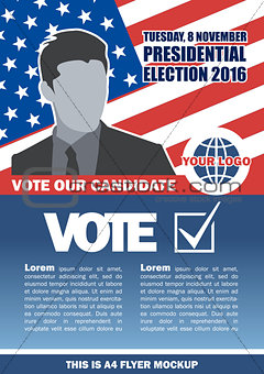 Usa 2016 election a4 flyer mockup with country map, vote checkbox and male candidate