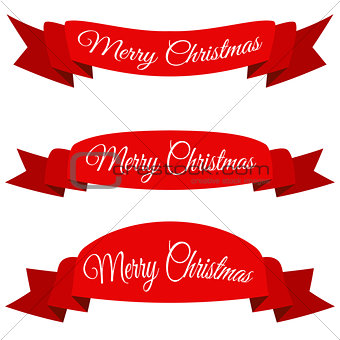 Red Merry Christmas banner. Set of ribbons with text